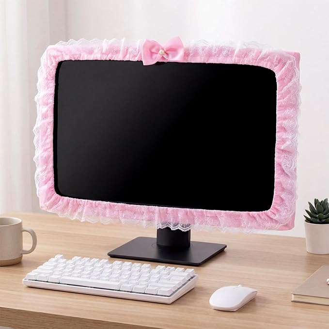 BowKnot Pink Monitor Cute Computer Monitor Cover Dust Cover Protector Lovely Computer Accessories PC Covers Elastic for 23''-26'' LCD TV PC Laptop Screen Decoration