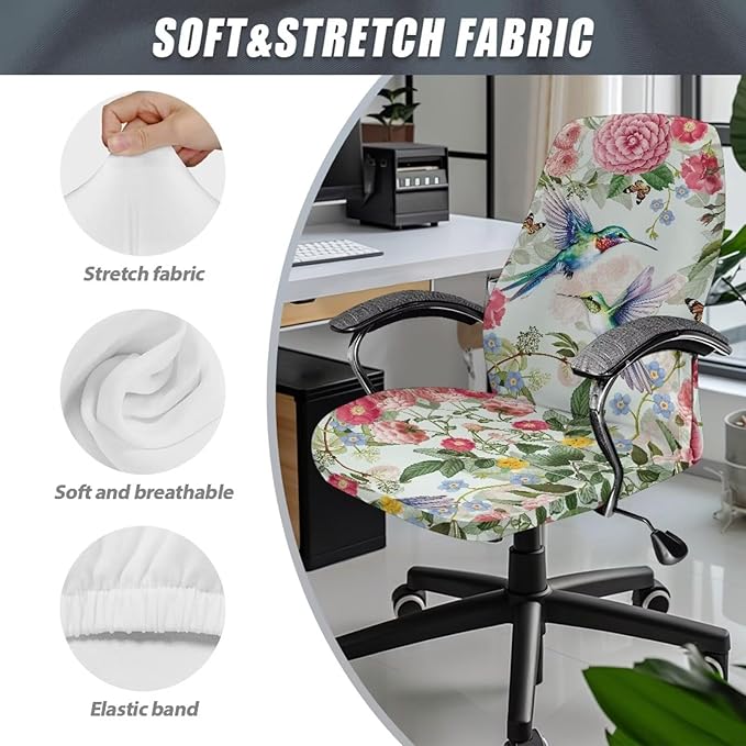 Talayituse Hummingbird Butterfly Flower Print Office Chair Covers, Stretch Computer Chair Cover, Universal Boss Chair Covers Modern Simplism Style High Back Chair Slipcover, S