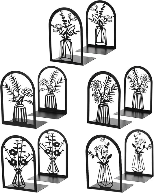 5 Pair Metal Bookends, Modern Decorative Book Ends for Shelves Non-Slip Black Book Stopper for Heavy Books Flower Shelf Holder for Home Office