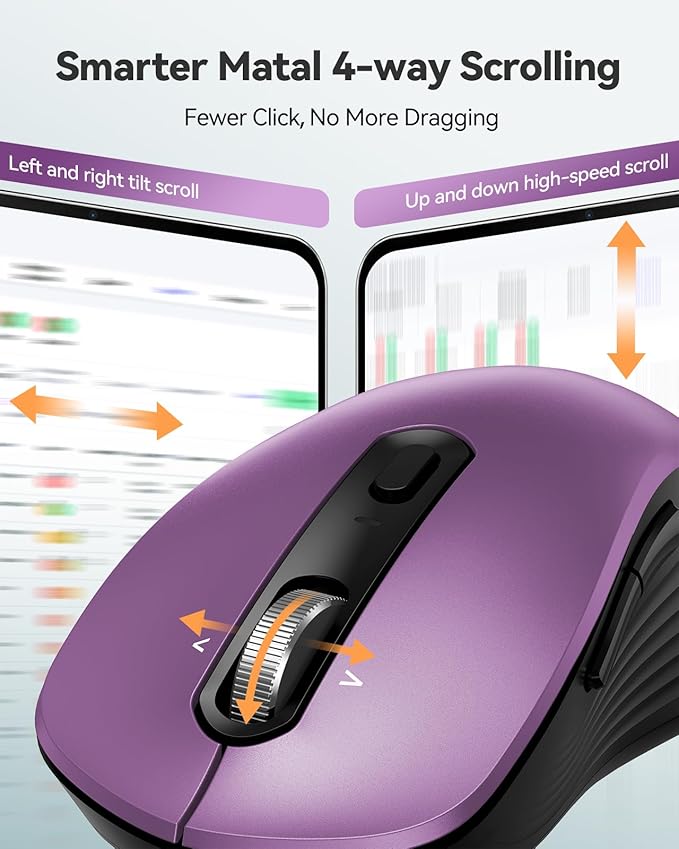 TECKNET Rechargeable Bluetooth Mouse, [ USB + BT5.0 + BT3.0 ] Wireless Mouse, Ergonomic 4-Way Scroll Wheel Computer Mice, 6-Level 4800 DPI Silent Mice, Multi-Device for Computer/Laptop/MacBook -Purple