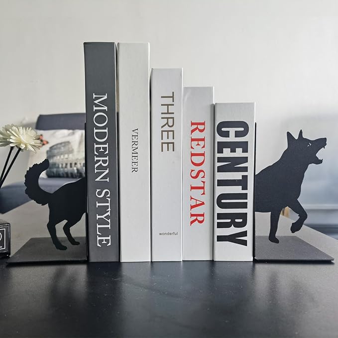 ENCIMART Wolf Book Ends Decorative for Shelves, Black Metal Bookend Supports for Heavy Books, Book Stoppers for Home Office Desktop Organizer for Men and Book Lovers Gift