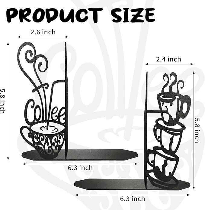 ENCIMART Metal Bookends Creative Coffee Bookends Decorative Cute Kitchen Book Ends for Shelves Bookshelf Home Office Desk Reading Decor Bookshelf Decor for Book Lovers Gift
