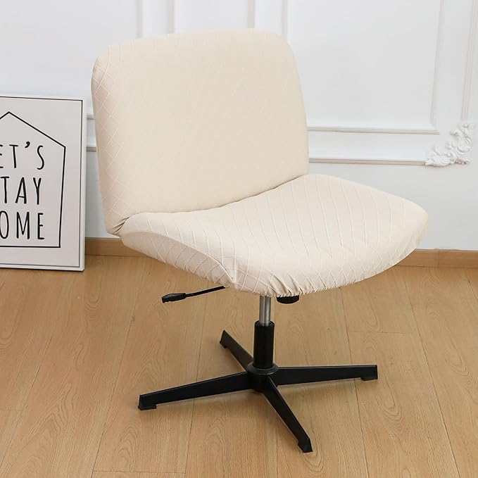 Criss Cross Chair Cover Waterproof Beige Jacquard Wide Armless Vanity Chair Slipcover 1 Piece Washable