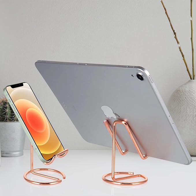 ROPOSY 2 Pack Cell Phone Stand for Desk, Cute Metal Rose Gold Cell Phone Stand Holder Desk Accessories, Compatible with All Mobile Phones, iPhone, iPad