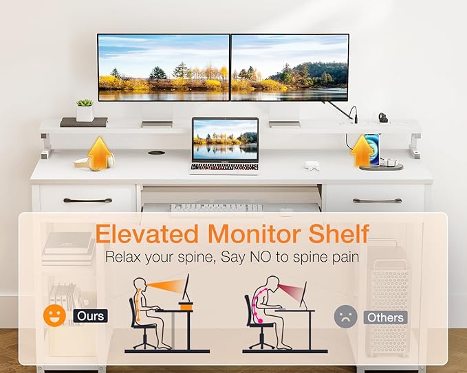 ODK Computer Desk with Drawers, 55 Inch Office Desk with Power Outlet and Keyboard Tray & Storage Shelves & PC Stand, Office Table Work Desk with Monitor Stand, White