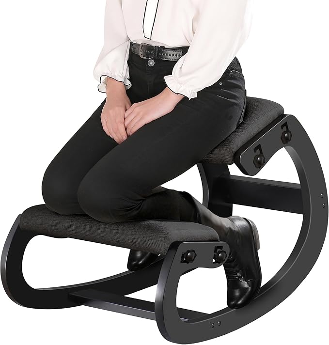 Predawn Adjustable Ergonomic Kneeling Chair – Custom Height Rocking Stool with Thick Cushions, Solid Wood Frame, and Knee Support. Ideal for Office Work or Meditation (Black)