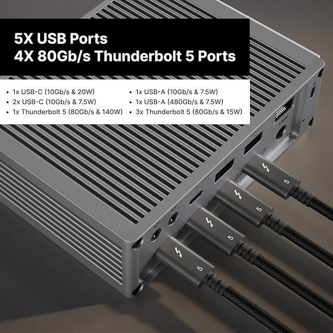 CalDigit TS5 Thunderbolt 5 Dock - 15 Port, 140W Charging, 80Gb/s TBT 5 x 4, USB-C 10Gb x 3, USB-A x2, 2.5Gb Ethernet, Dual 8K@60Hz Displays, SD & microSD UHS-II, 1m Braided Cable, Space Gray 240W PSU