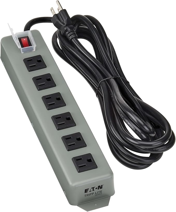 Eaton Tripp Lite Series Heavy Duty Power Strip with 6 Right-Angle Outlets, Metal, Mountable Wall Mount & Under Desk, 15ft Extension Cord, On/Off Switch Cover, Industrial Garage Work Bench (UL24RA-15)