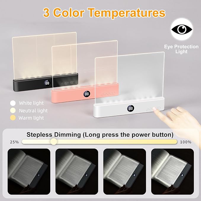 Book Light, Rechargeable Reading Lights for Books in Bed - Eye Caring 3 Color Temperatures, Stepless Dimming Brightness, Timer, Long Lasting, Portable Flat Book Light for Book Lovers (Black)