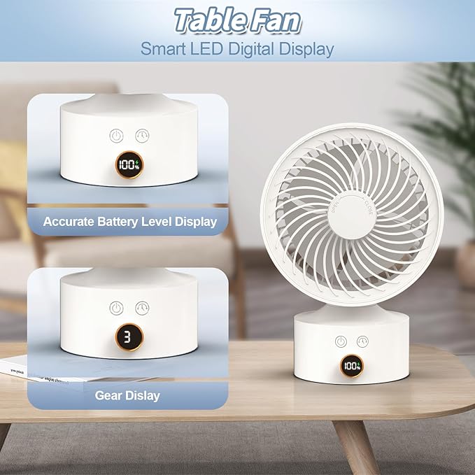 Desk Fan Small Oscillating for Bedroom, 9 Inch Quiet Desk Fan Air Circulator with 3 Speeds, 4H Timer, Rechargeable Desk Fan for Office/Dorm/Room-White