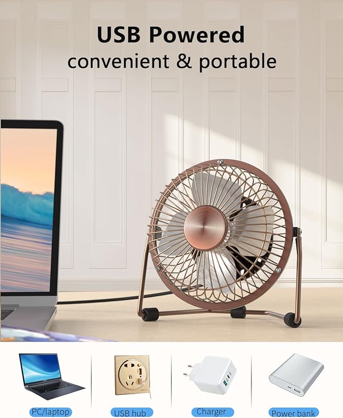 Zuvas Desk Fan Quiet Small USB Fan 360° Rotation Portable Table Fan 2 Speed Mini Personal Fan Air Cooling Electric Fan for Home Office Bedroom Travel Camping, 4 inch Bronze