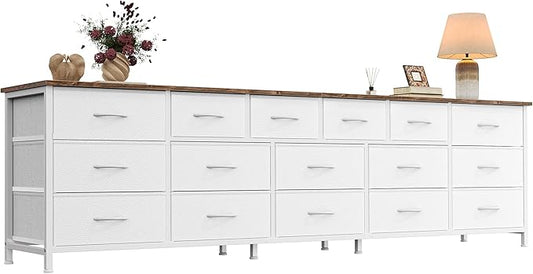 Huuger 77.6" Long Dresser for Bedroom, 16 Drawer Fabric Dresser for Closet, Wide Chest of Drawers with Storage, TV Stand for 65, 75, 85 Inch TV, 77.6" W x 12.9" D x 26.7" H, Farmhouse White