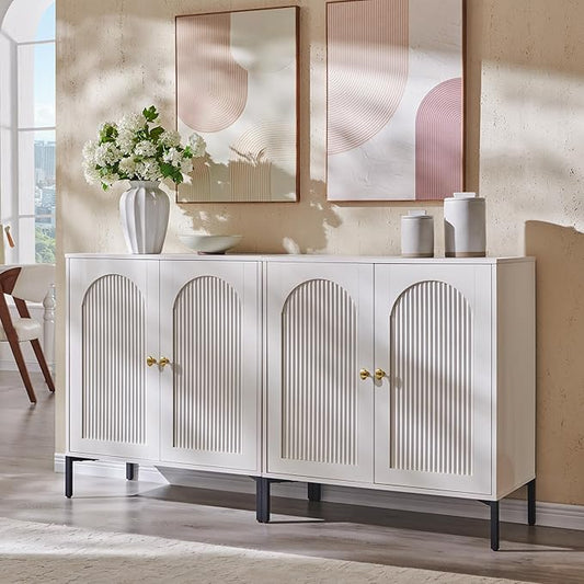 IFGET Modern Buffet Cabinet with Storage, 61.75" W Fluted Arched Sideboard Cabinet w/Adjustable Shelves, Wooden Modular Coffee Bar for Dining Room, Kitchen, Living Room, Entryway, White