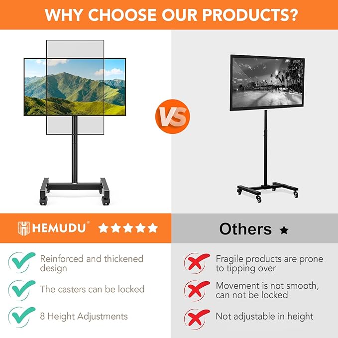 Mobile TV Floor Stand for 13-50 inch LCD LED Flat/Curved Panel Screen TVs up to 44 lbs, Height Adjustable TV Stand Mount with VESA 200x200, Portable TV Stand with Tilt Function HT1007BM