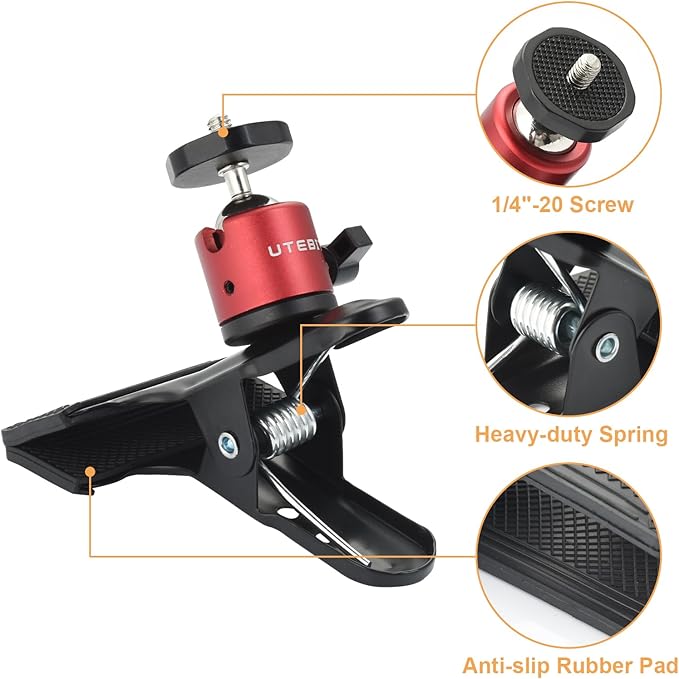 UTEBIT Camera Clamp Mount Tripod Camera Clip 360 Degree Swivel Webcam Mount with 1/4'' Screw Flash Reflector Holder for Studio Backdrop Digital SLR Video Light Photography Accessories Clamp