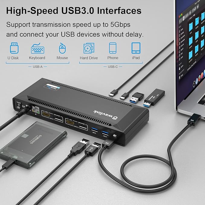 WAVLINK DisplayLink Laptop Docking Station - Dual Monitor 4K@60Hz, 100W Charging for Thunderbolt 4/3, USB-C/A, M1-M5 Mac/MacBook Neo, Windows, Chrome - 2HDMI, 2DP, 6 USB Ports, LAN, Audio