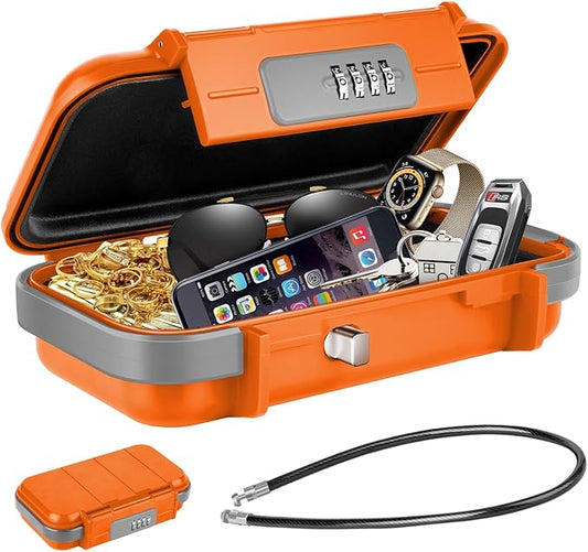 HUANLANG Portable Safe Lock Box with Combination Lock Mini Beach Travel Safe Waterproof Small Lockable Box with Removable Wire Rope Combination Safe Box for Dorm,Travel,Beach,Hotel,Car,Home,Office