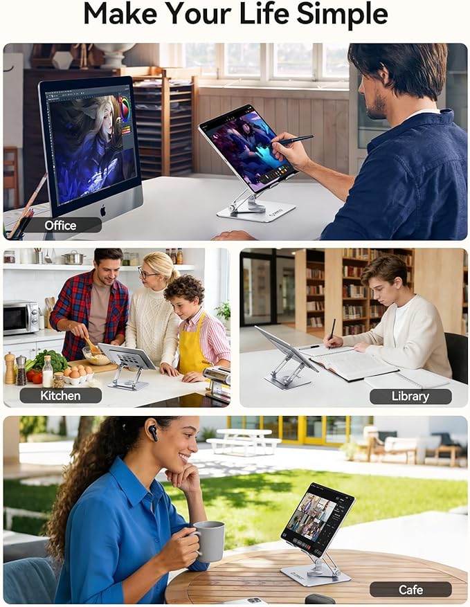 ORICO 360° Rotating Tablet Stand for iPad up to 12.9 Inch, Foldable Tablet Stand for Desk, Aluminum Alloy, Compatible with iPad Pro/Air/Mini, Kindle, Galaxy Tab, Fire, iPhone, Switch - FB2, Silver