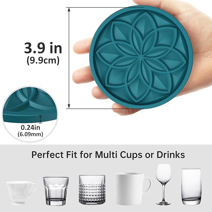 HFHOME Silicone Coasters Set with Holder - 6 Pack Drink Coasters for Coffee Table, Bar, Desk - Tabletop Protection Gift - Blue