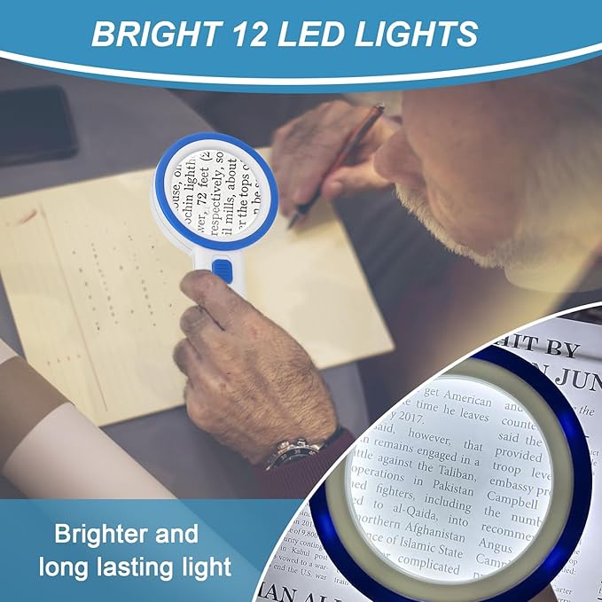 Magnifying Glass with 12 LED Lights, Double Glass Lens Handheld Illuminated Magnifier Reading Magnifying Glass with for Seniors Read, Coins, Stamps, Map, Inspection, Macular Degeneration (Blue)
