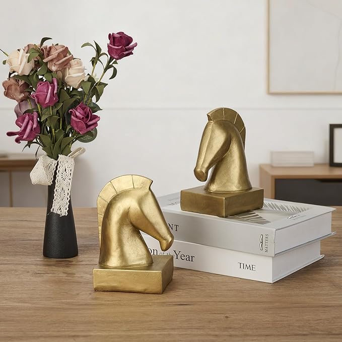 Gold Horse Head Decorative Bookends - Heavy Duty Non-Slip Book stoppers, Horse Statue Book Ends for Shelves, Modern Equestrian Ornaments for Home Farmhouse Shelves Office Lover Gift