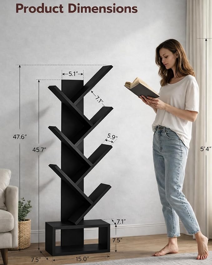 XBurmo 6 Tier Tree Book Shelf - Small Bookshelf Decor, Corner Bookshelf, Living Room Storage, Tall Narrow DVD & CD Shelf Storage Bookshelves, Comic Bookcases Standing for Bedroom or Office, Black