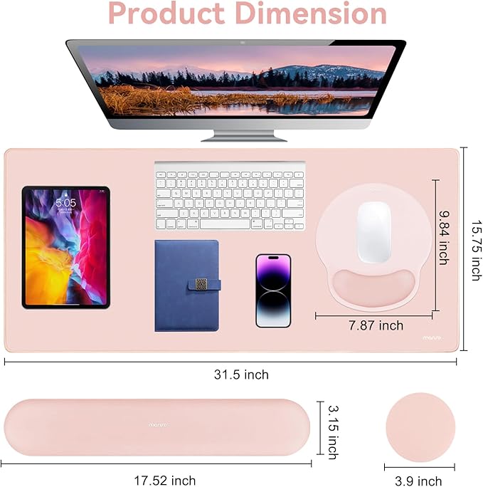 MOSISO Wrist Rest for Keyboard Mouse Pad Set, Large Gaming Deskpad&Circle Curved Mousepad&Keyboard Wrist Rest&Coaster, Ergonomic Non-Slip Mousepad&Easy Typing Pad with Silicone Lining, Baby Pink