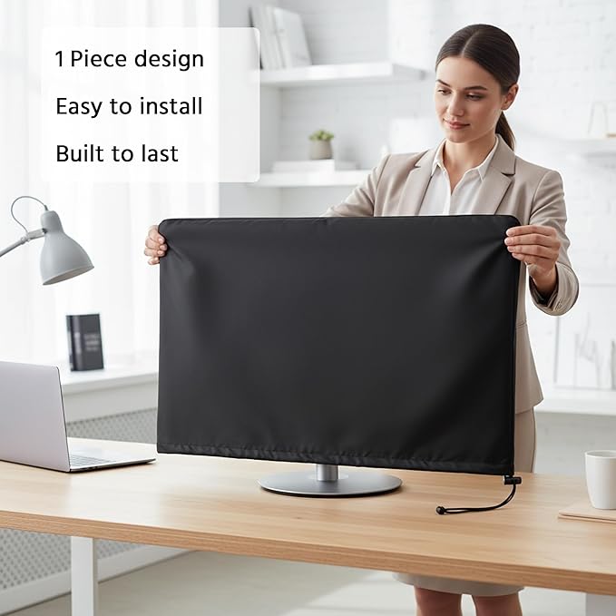 Monitor Dust Cover Heavy Duty Anti-tear Full Body Protective Case Universal for 17-19" Computer LED LCD Screen Wih Adjustable Bottom Tight Rope Black -19Wx12.5Hx2.3D in