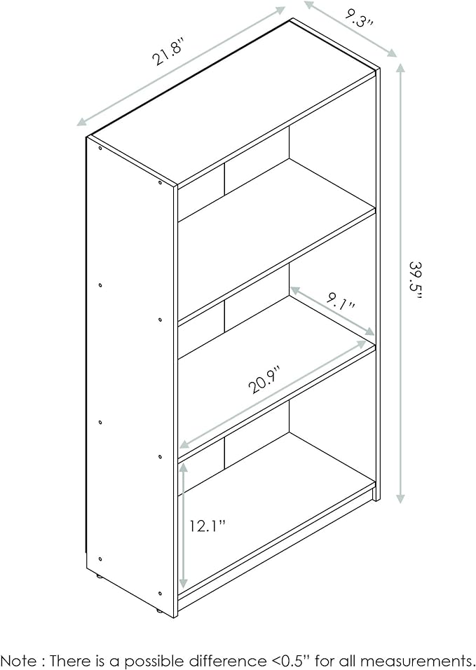 Furinno BASIC Book Shelf, 3-Tier Modern Bookshelf, Bookcase with Open Shelves, 9.3 x 21.8 x 39.5, for Living Room, Bedroom, Home Office, Sonoma Oak