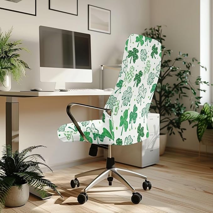 Talayituse White Shamrock Print Office Chair Covers, Stretch Computer Chair Cover, Universal Boss Chairs Covers Modern Simplism Style High Back Chairs Slipcover St Patrick's Day Decor, Large