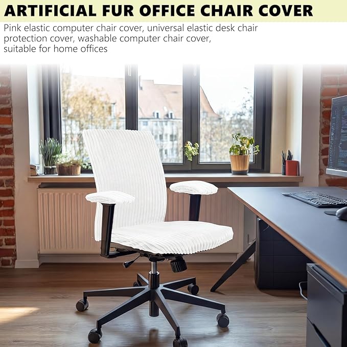 Tegeme Set of 4 Faux Fur Office Chair Covers Set with Armrest Covers, Computer Universal Stretchable Chair Seat Protector Washable Jacquard Computer Seat Slipcovers for Home Office(White)