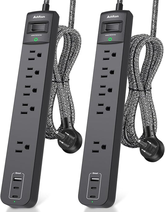 2 Pack Power Strip Surge Protector - 5 Widely Spaced Outlets 3 USB Charging Ports, 1875W/15A 6Ft Braided Extension Cord, Flat Plug Overload Protection, Wall Mount for Home Office Dorm Room Essentials