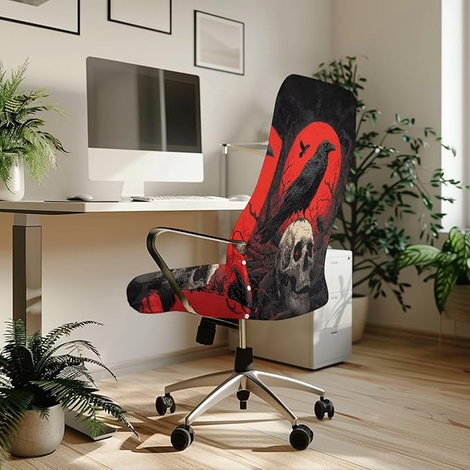 Talayituse Skull Crow Moon Print Office Chair Covers, Stretch Computer Chair Cover, Universal Boss Chairs Covers Modern Simplism Style High Back Chairs Slipcover, Large