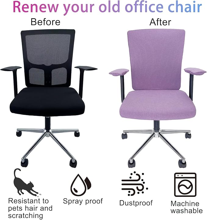4Pcs Office Chair Covers Stretchable Set Desk Chair Cover Computer Chair Cover with 4 Non-Slip Elastic Straps Protective Armrest Slipcovers Pads Backrest Cushion for Rotating Chair (Purple)