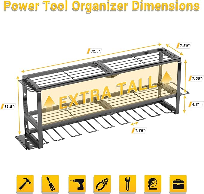 Power Tool Organizer Wall Mount Loads 300 lbs，Heavy Duty Metal 3 Layers Extra Tall Storage Rack with 8 Drill Holders & Battery Storage，Cordless Utility Tool Shelf for Garage, Workshop