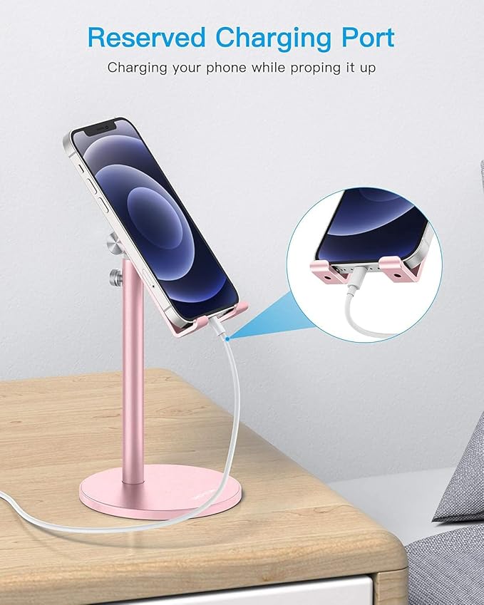OMOTON Cell Phone Stand, Angle Height Adjustable Phone Stand, Aluminum Desktop Phone Holder Dock Stand for Desk, Compatible with iPhone 13/Mini/Pro/Max, All Smartphones and Tablets(4-11''), Rose Gold