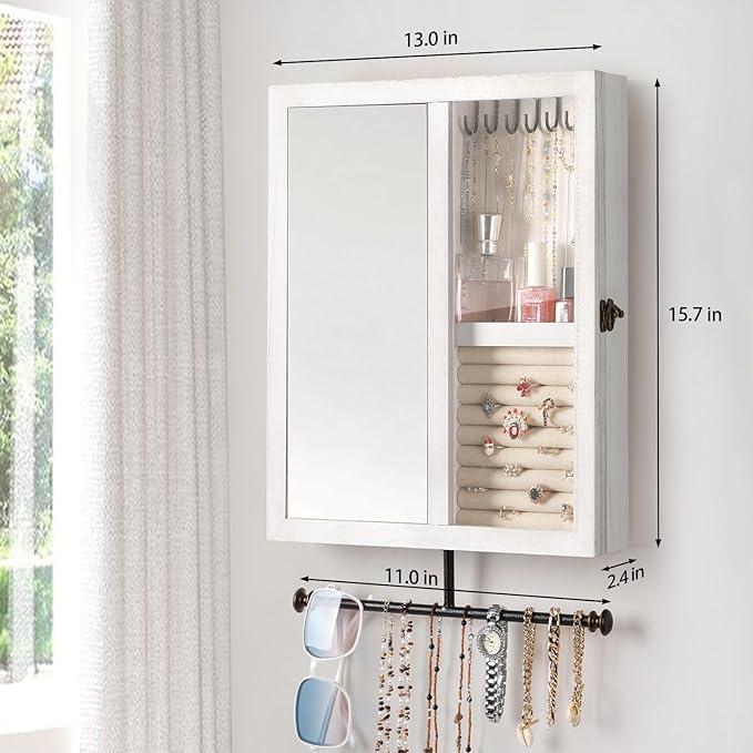 Keebofly Wall Jewelry Organizer Cabinet with Mirror,Rustic Wood Storage for Necklaces, Earrings, Bracelets & Rings, Large-Capacity Hanging Cabinet – White