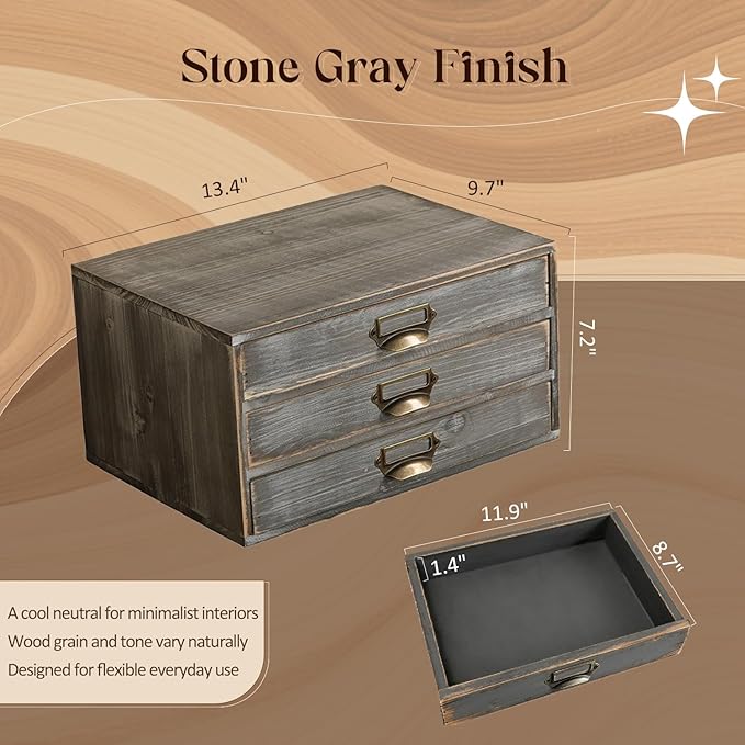 Stackable Modular Desktop Drawer Organizer, Solid Wood Grey 3-Drawer Storage Unit with Label Pull Handles, Stone Gray Japandi Style, Expandable by Adding More Units for Clutter-Free Spaces
