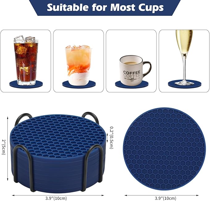 TWTLi Silicone Coasters Set of 8 with Holder,Coasters Drinks,Beer,Coffee Coasters,Suitable Kinds Cups,Hot or Cold,Anti-SLI,Non-Stick,Anti-Overflow Tabletop Protection and Decor (8 Pcs, Navy Blue)
