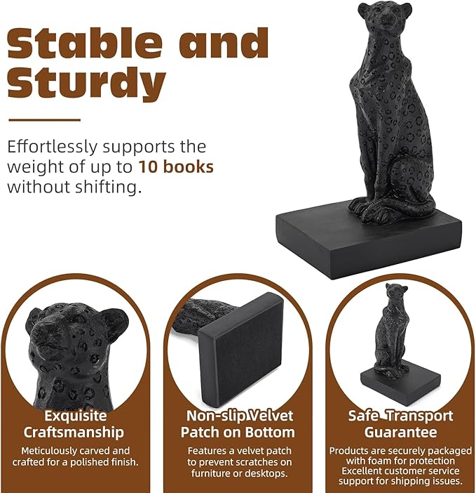 Black Cheetah Bookends, Book Ends for Shelves to Hold Books Heavy Duty, Creative Resin Book Stoppers for Home Farmhouse Shelves Office Lover Gift
