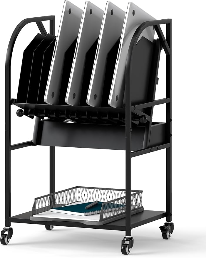 Laptop Charging Station 10-Device Rolling Open Charging Cart for Laptops Tablets Chromebooks Laptop Storage Rack with Removable Dividers Lockable Wheels for Office Classroom Library