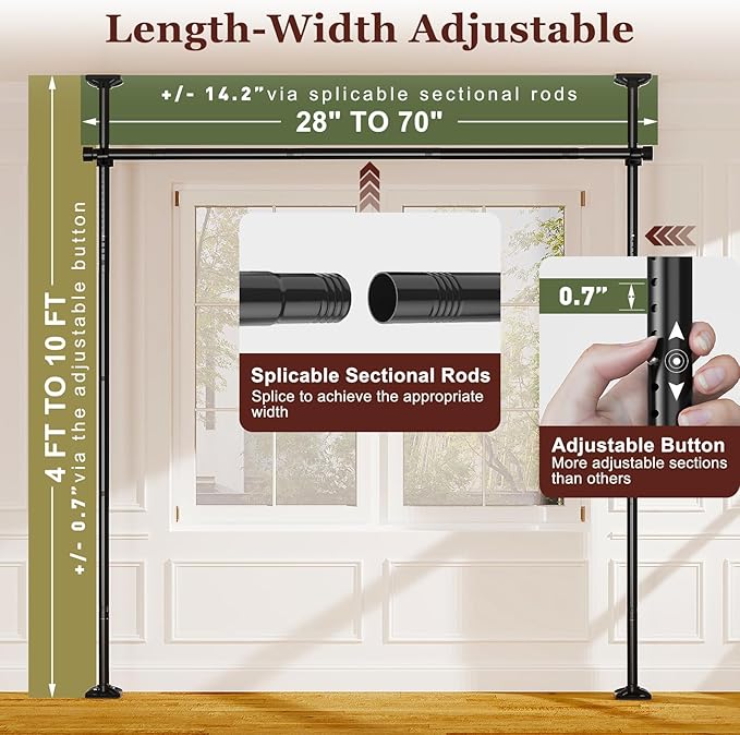 Goovilla Room Divider for Room Separation, Tension Curtain Rods No Drilling, 4-10ft(H) 28-70inch(W) Adjustable Temporary Privacy Wall Divider, Heavy Duty Freestanding Space Partition Separator, Black