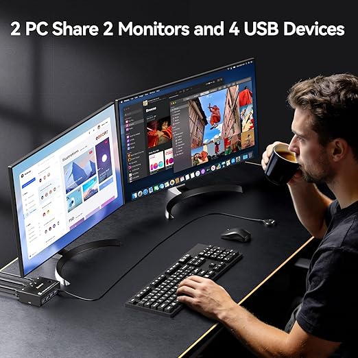 8K Displayport KVM Switch 2 Monitors 2 Computers 8K@30Hz 4K@144Hz,MLEEDA Dual Monitor KVM Switches with 4 USB 3.0 Ports for Keyboard Mouse USB Peripherals,Wired Remote and 2 USB Cables Included