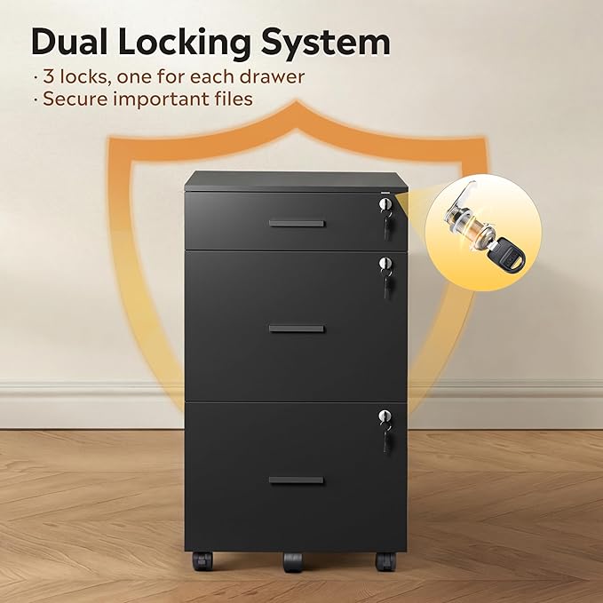 DEVAISE 3 Drawer File Cabinet with Lock & Wheels, Wood Printer Stand, Mobile Filing cabinets for Home Office, Fits Letter/A4 Size, Black
