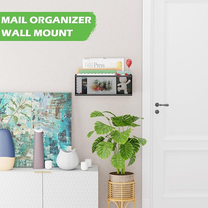 Mail Holder Countertop, Mail Organizer with 2 Slots, Mail Basket Wall Mounted Desktop Mail Sorter Letter Holder Box Envelope Organizer for Home Office, Black