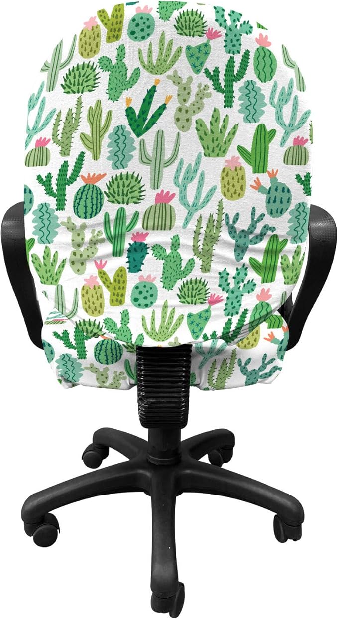 Ambesonne Cactus Office Chair Slipcover, Continuous Cacti Plants Mexican Theme Sketch Illustration on Plain Backdrop, Protective Stretch Decorative Fabric Cover, Standard Size, White Seafoam