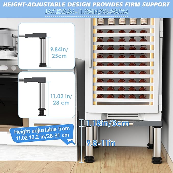 Mini Fridge Stand with 4 Strong Feet Washing Machine Stand Base 9.8"-11" Height Adjustable Universal Stand Base for Portable Refrigerator Dryer Stand Laundry Pedestal for 17.7"-25.6" Appliance, Gray