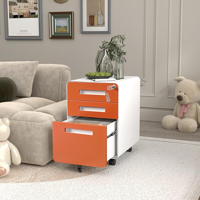 3 Drawer Mobile File Cabinet with Lock, Under Desk Metal Filing Cabinets with Wheels for Home Office Organizer Letters/Legal/A4, Fully Assembled