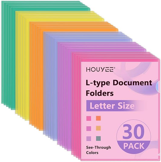 HOUYEE 30 Pack Clear Document Folders, L-Type Plastic File Folder Sleeves, Project Folders Paper Sheet Protectors for 8.5" x 11" Letter Size, for Home, Office, and School Use (6 Assorted Colors)
