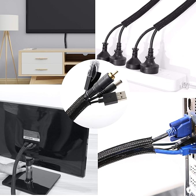 CrocSee 10ft - 1.25 inch Braided Cable Management Sleeve Cord Protector - Self-Wrapping Split Wire Loom for TV/Computer/Home Theater/Engine Bay - Black